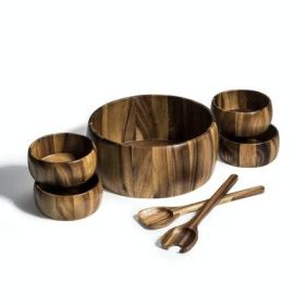 7 Piece - X-Large Salad Bowl with Servers and 4 Individuals - brown - acacia wood